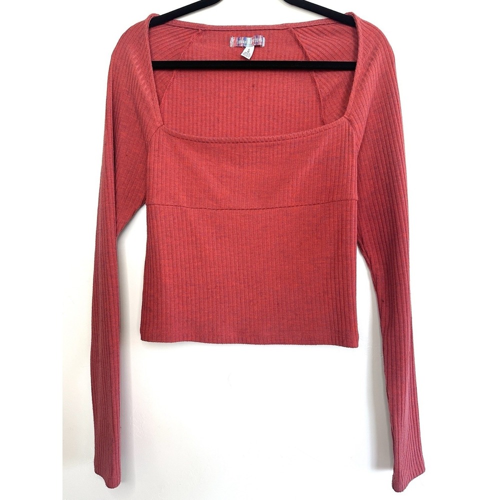 Urban Outfitters UO Ribbed‎ Square Neck Long Sleeve Top Rust Red Size Large